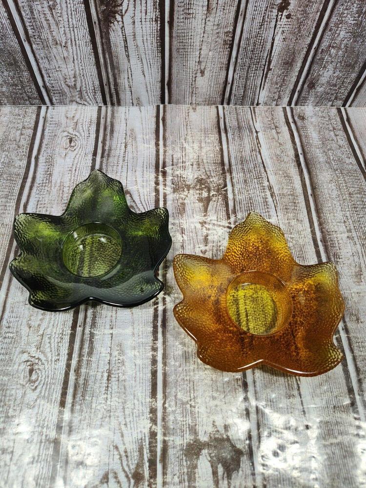 Hallmark Maple Leaf Tea Lights Candle Holders Heavy Glass Amber & Green